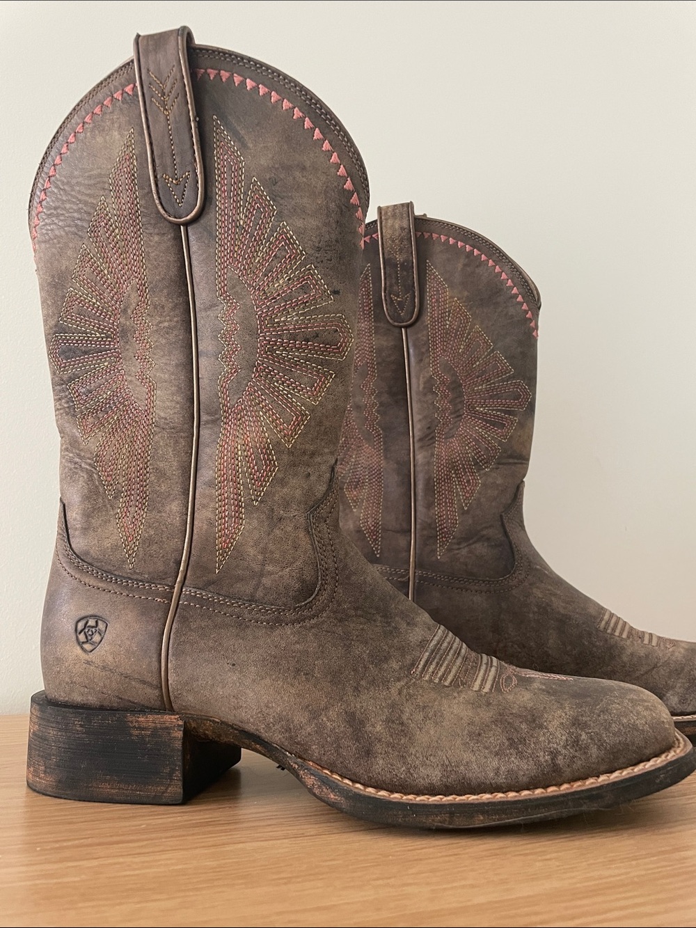 Ariat Distressed Brown Suede Western Heeled Boots with Subtle Pink Stitching - Picture 2 of 6